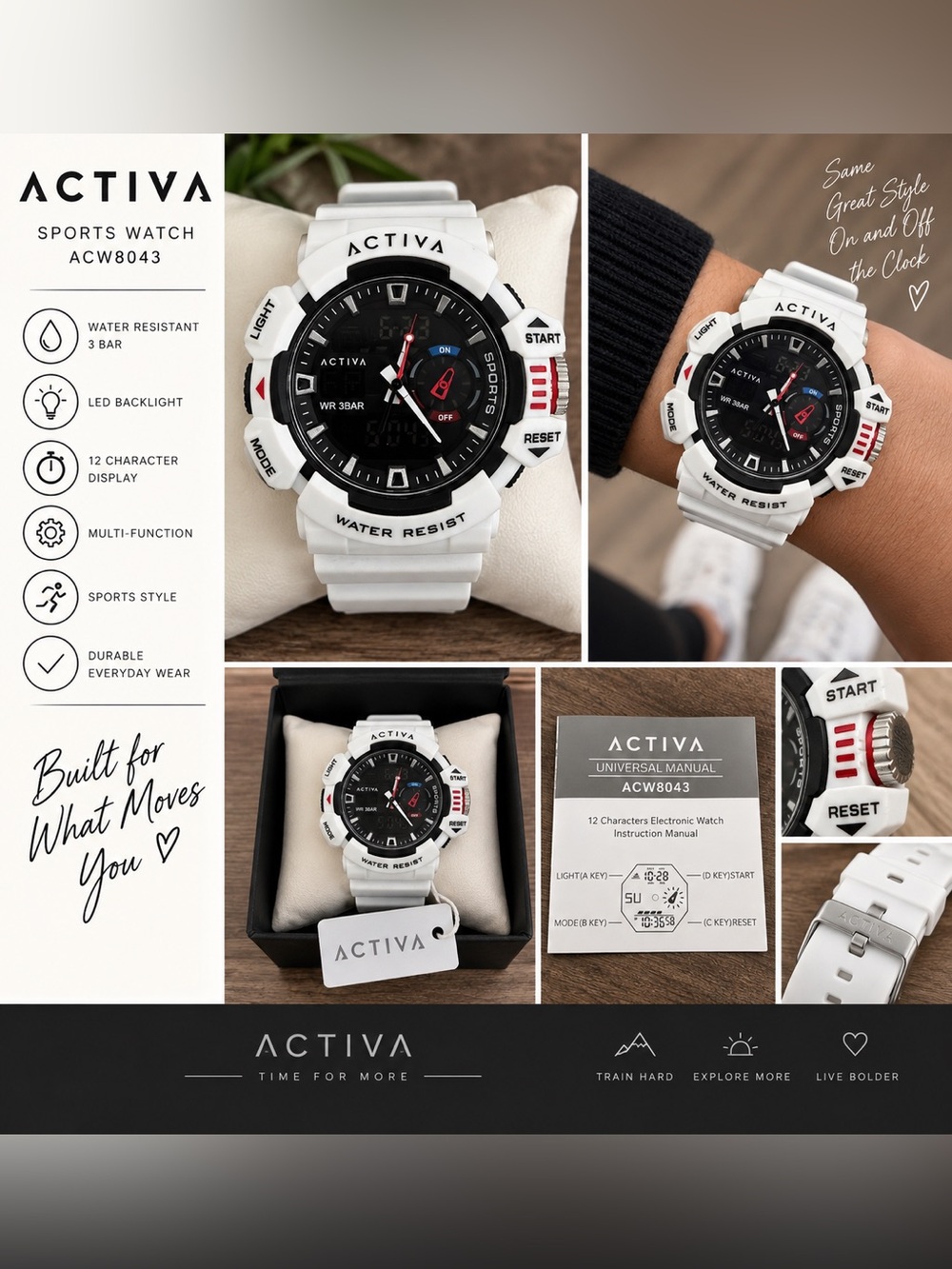 Activa ACW8043 White Black Red Sport Watch Water Resistant 3BAR w/ Box Manual